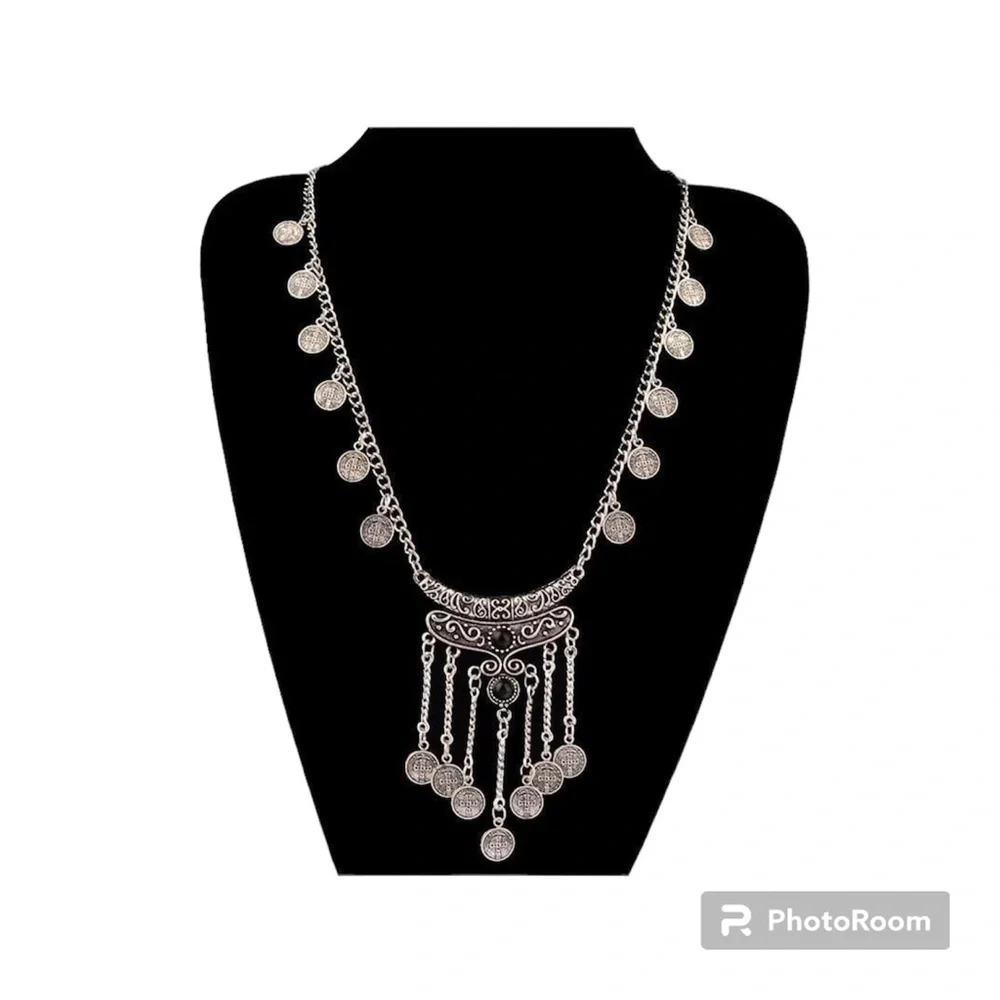 FESTIVAL ANTIQUE BOHEMIAN SILVER TASSEL COIN NECKLACE #145